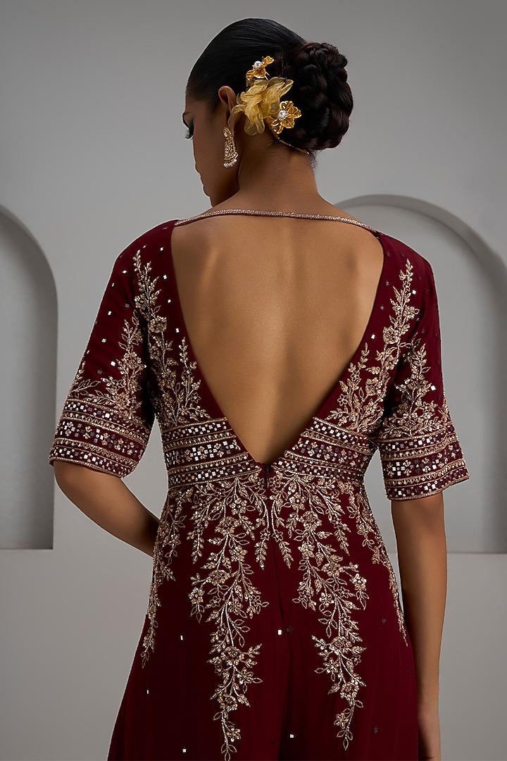 Maroon Georgette Hand & Machine Embroidered Jumpsuit by Maisolos at Pernia's Pop Up Shop
