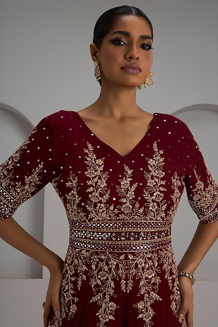 Maroon Georgette Hand & Machine Embroidered Jumpsuit by Maisolos at Pernia's Pop Up Shop