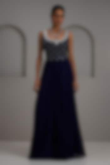 Navy Raw Silk & Georgette Embroidered Gathered Engagement Gown by Maisolos at Pernia's Pop Up Shop