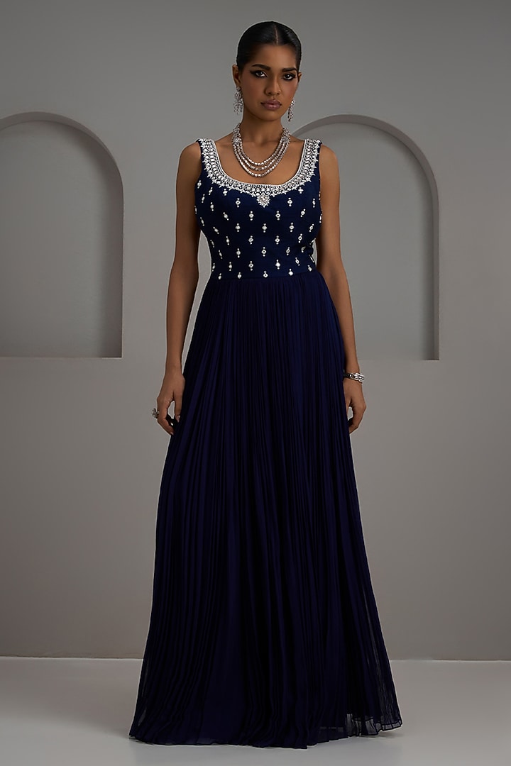 Navy Raw Silk & Georgette Embroidered Gathered Engagement Gown by Maisolos at Pernia's Pop Up Shop