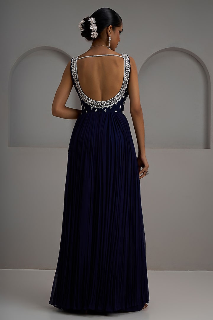 Navy Raw Silk & Georgette Embroidered Gathered Engagement Gown by Maisolos at Pernia's Pop Up Shop