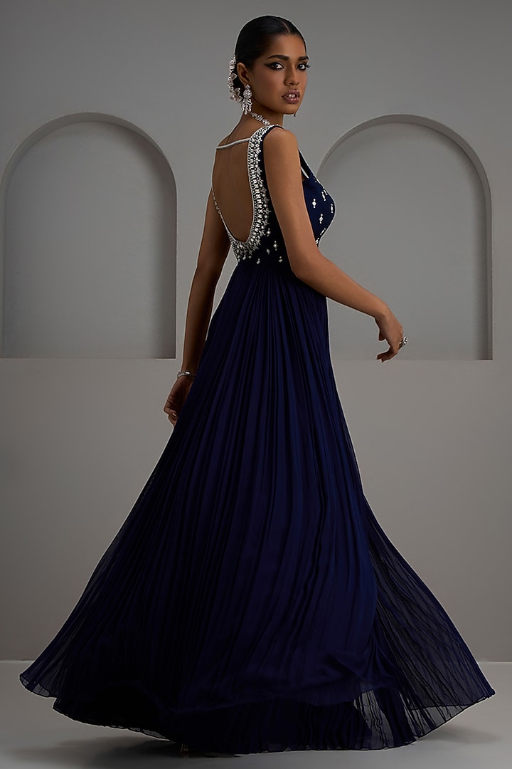 Navy Raw Silk & Georgette Embroidered Gathered Engagement Gown by Maisolos at Pernia's Pop Up Shop