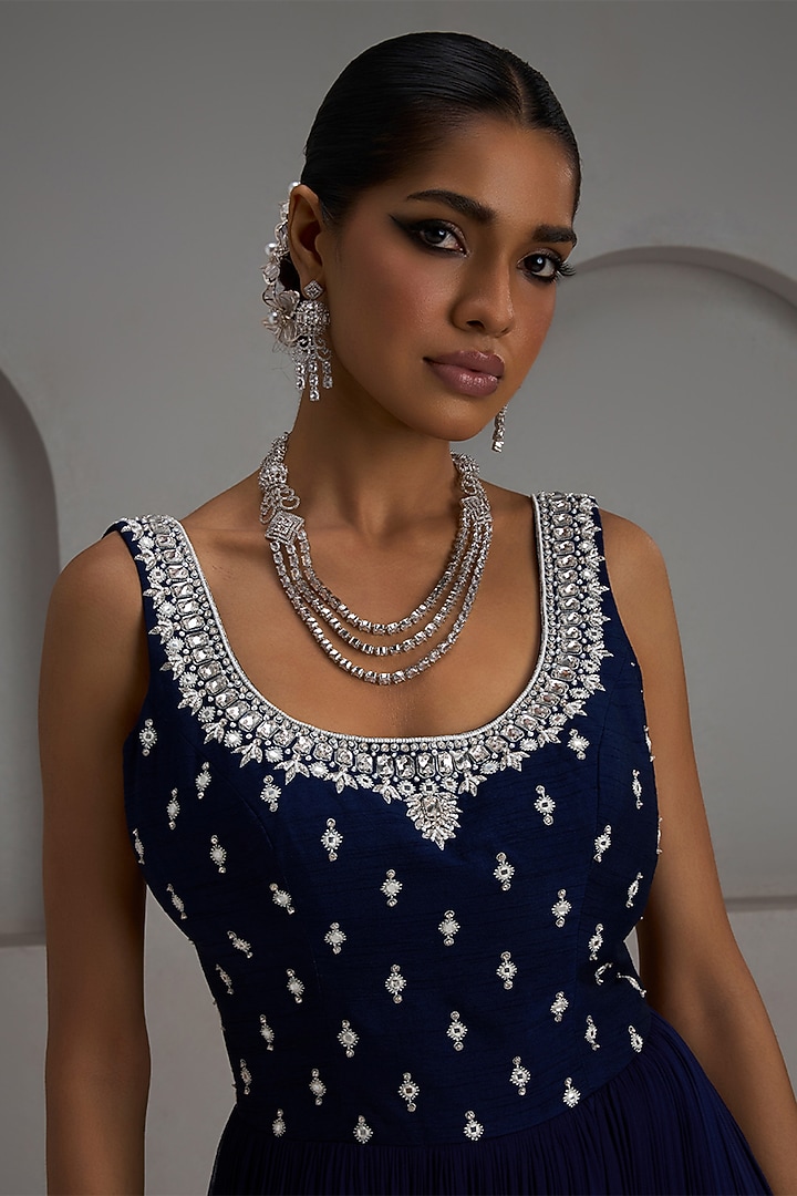 Navy Raw Silk & Georgette Embroidered Gathered Engagement Gown by Maisolos at Pernia's Pop Up Shop