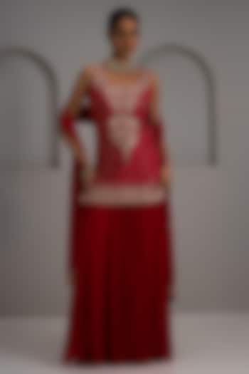 Red Georgette Bridal Sharara Set by Maisolos at Pernia's Pop Up Shop