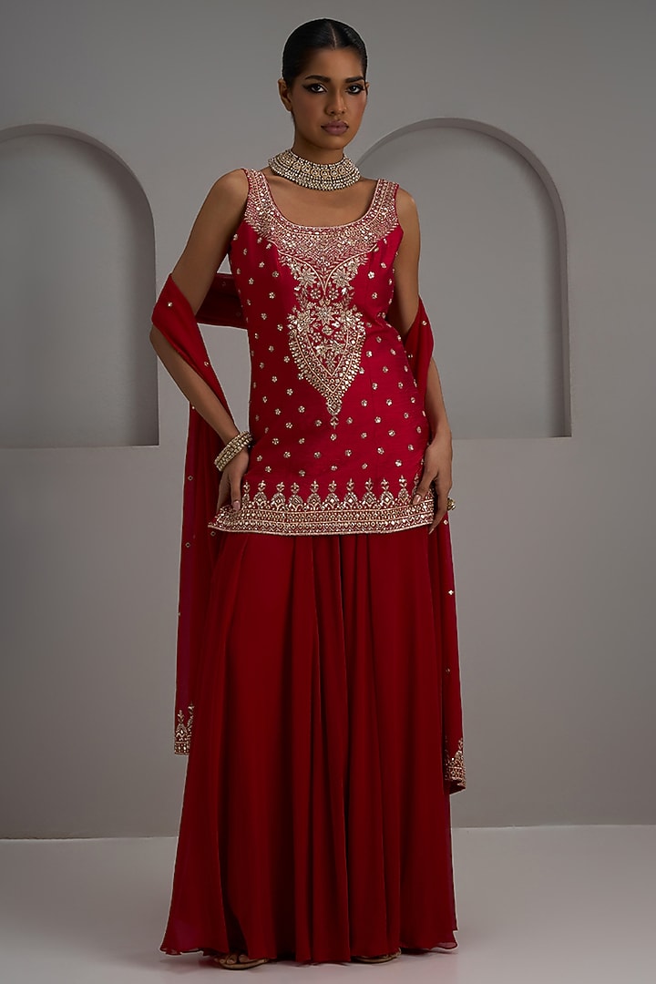 Red Georgette Bridal Sharara Set by Maisolos at Pernia's Pop Up Shop