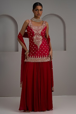 Red Georgette Sharara Set by Maisolos