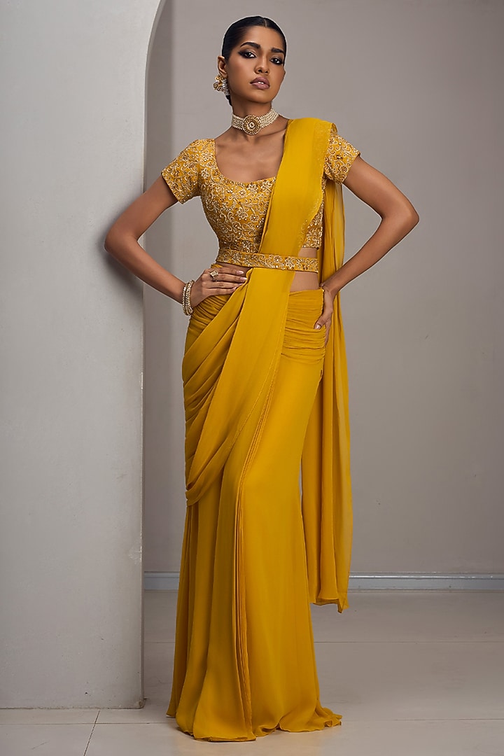 Mustard Georgette Draped Wedding Saree Set by Maisolos at Pernia's Pop Up Shop