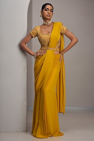 Mustard Georgette Draped Saree Set by Maisolos