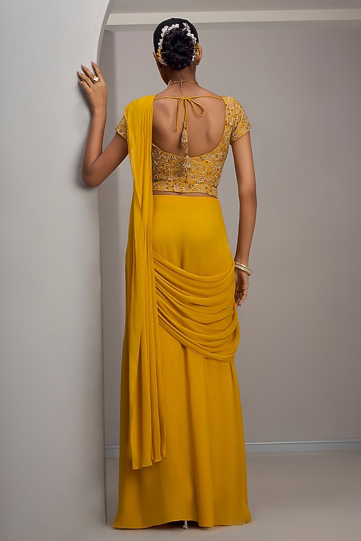 Mustard Georgette Draped Wedding Saree Set by Maisolos at Pernia's Pop Up Shop