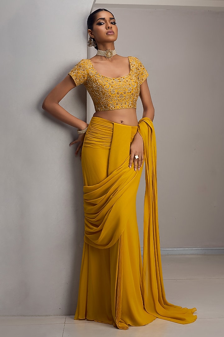 Mustard Georgette Draped Wedding Saree Set by Maisolos at Pernia's Pop Up Shop