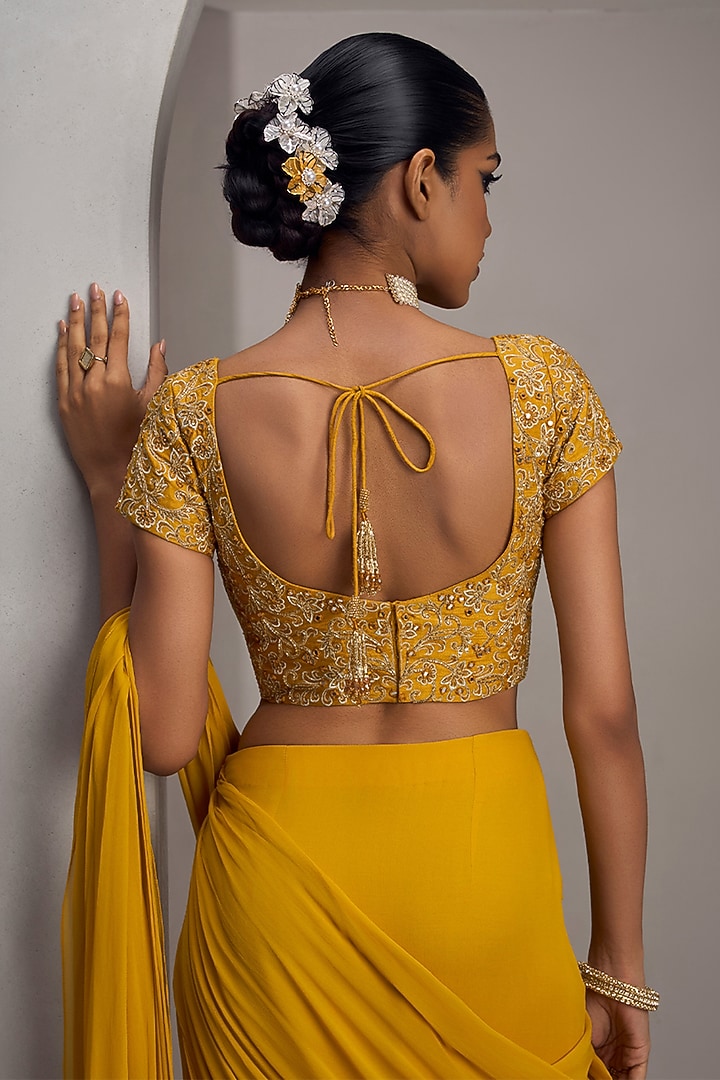 Mustard Georgette Draped Wedding Saree Set by Maisolos at Pernia's Pop Up Shop