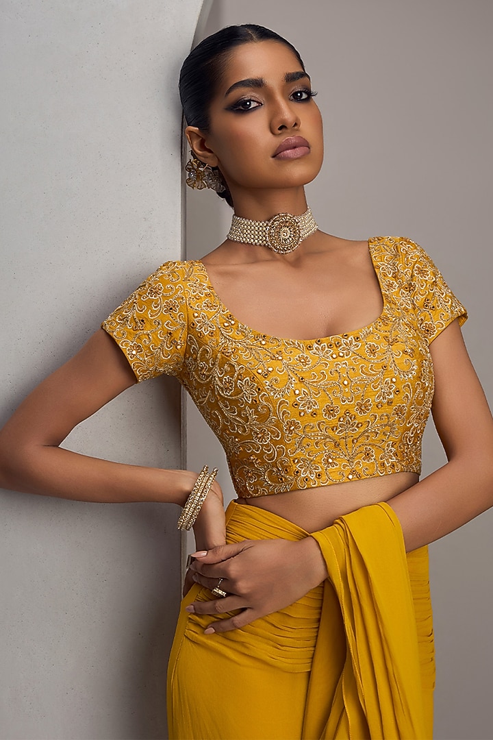 Mustard Georgette Draped Wedding Saree Set by Maisolos at Pernia's Pop Up Shop