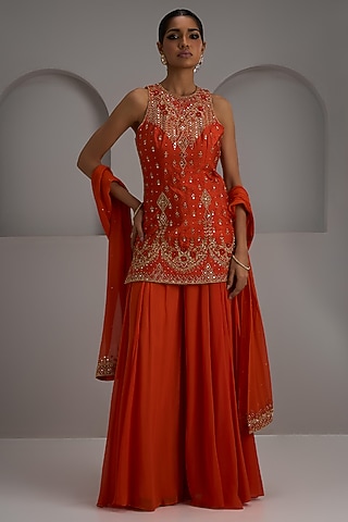 Orange Georgette Sharara Set by Maisolos
