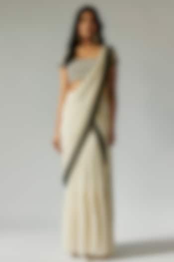 White & Black Georgette Cutdana Embroidered Draped Wedding Saree Set by Maisolos at Pernia's Pop Up Shop