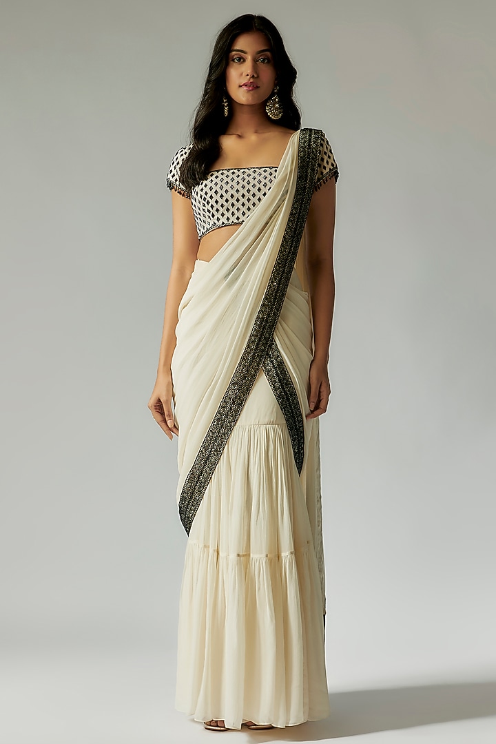 White & Black Georgette Cutdana Embroidered Draped Wedding Saree Set by Maisolos at Pernia's Pop Up Shop