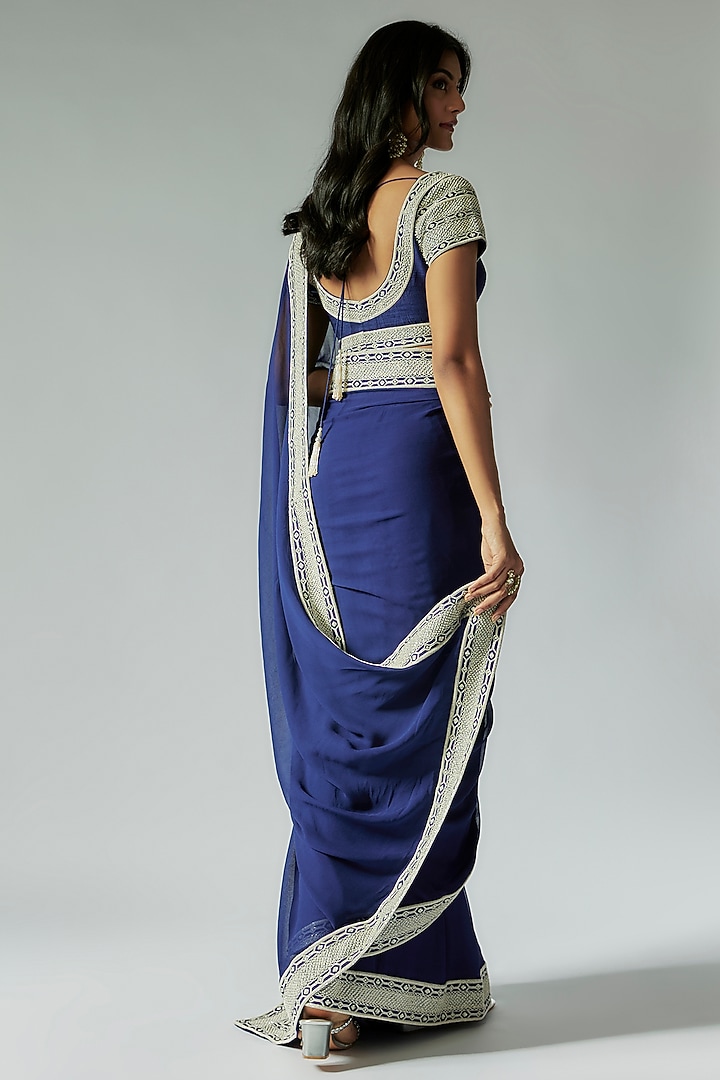 Navy Blue Georgette Cutdana Embroidered Reception Saree Set by Maisolos at Pernia's Pop Up Shop