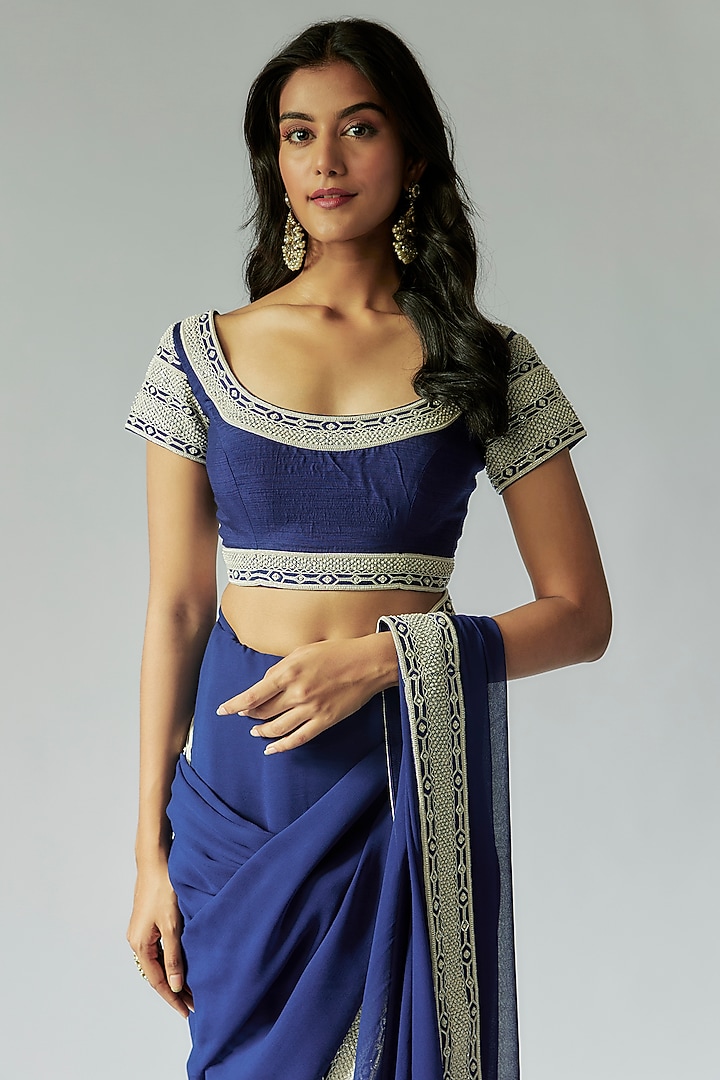 Navy Blue Georgette Cutdana Embroidered Reception Saree Set by Maisolos at Pernia's Pop Up Shop
