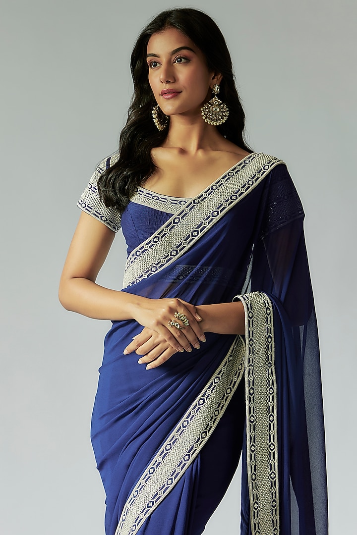 Navy Blue Georgette Cutdana Embroidered Reception Saree Set by Maisolos at Pernia's Pop Up Shop