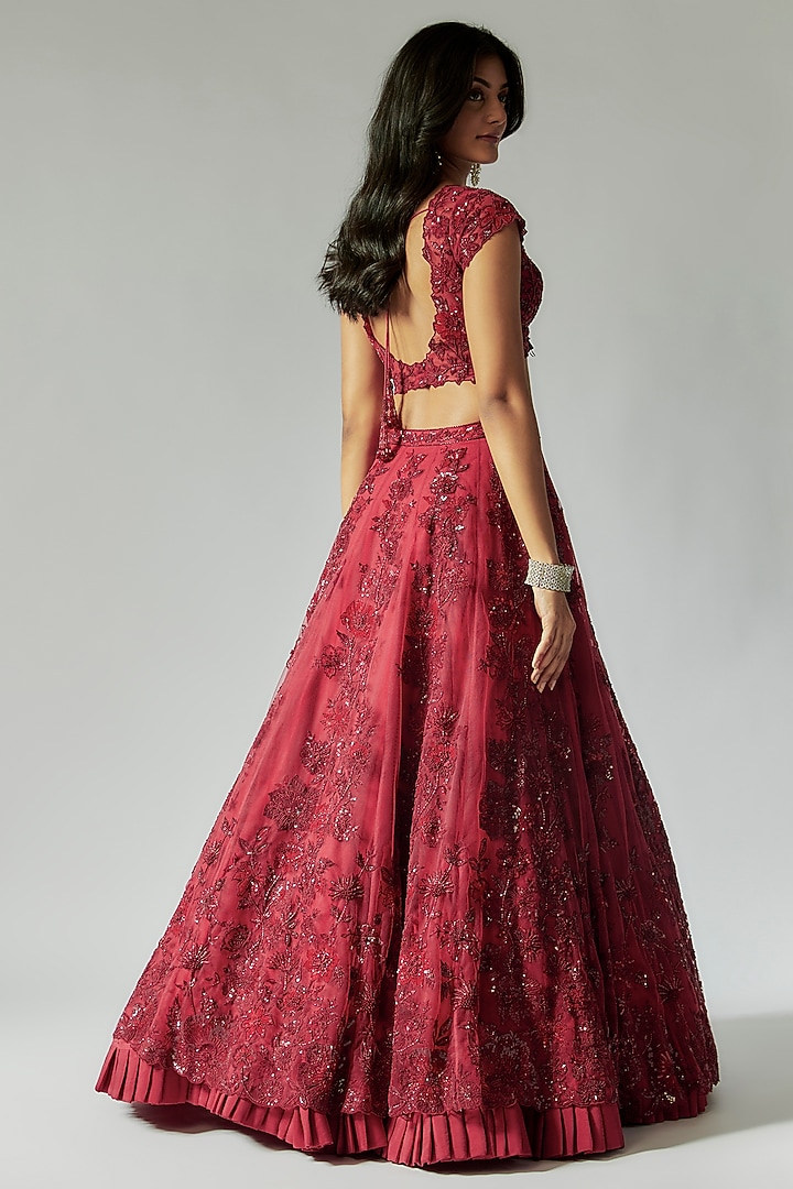 Red Net Hand Embroidered Bridal Lehenga Set by Maisolos at Pernia's Pop Up Shop