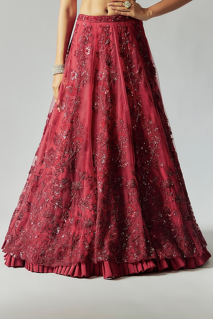Red Net Hand Embroidered Bridal Lehenga Set by Maisolos at Pernia's Pop Up Shop