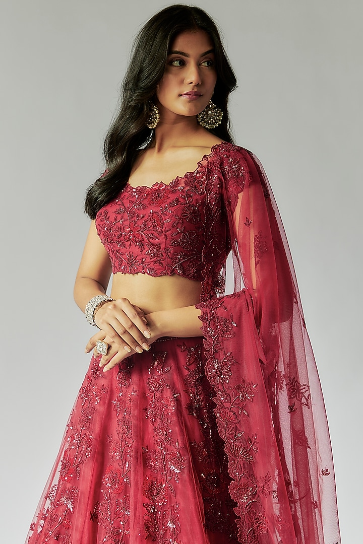 Red Net Hand Embroidered Bridal Lehenga Set by Maisolos at Pernia's Pop Up Shop