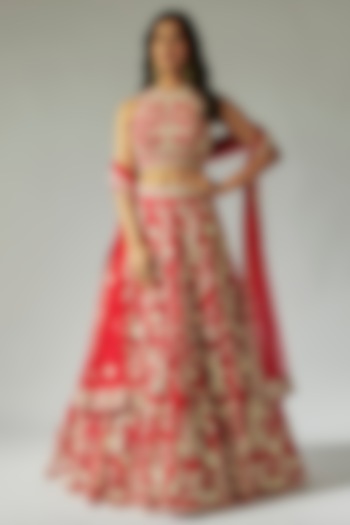 Red Net Hand Embroidered Lehenga Set by Maisolos