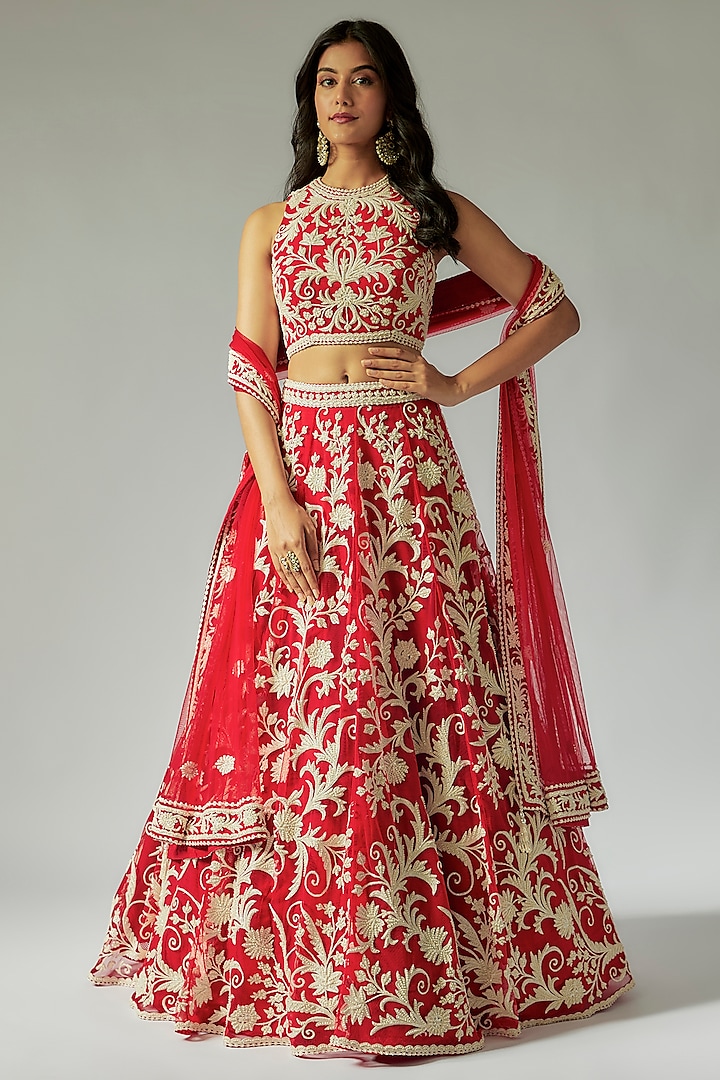Red Net Hand Embroidered Lehenga Set by Maisolos