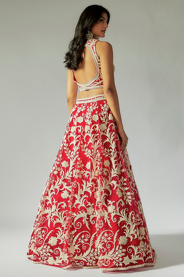 Red Net Hand Embroidered Bridal Lehenga Set by Maisolos at Pernia's Pop Up Shop