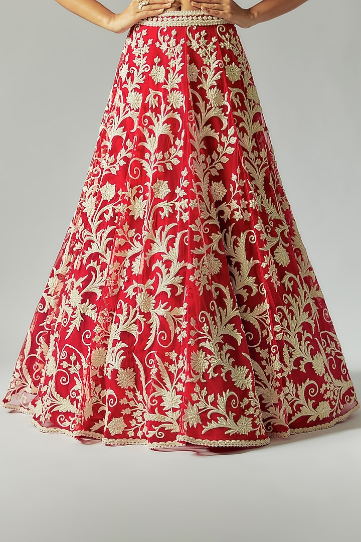 Red Net Hand Embroidered Bridal Lehenga Set by Maisolos at Pernia's Pop Up Shop