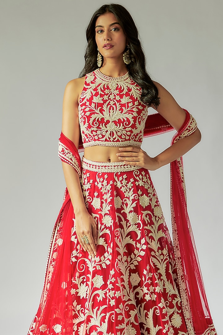 Red Net Hand Embroidered Bridal Lehenga Set by Maisolos at Pernia's Pop Up Shop