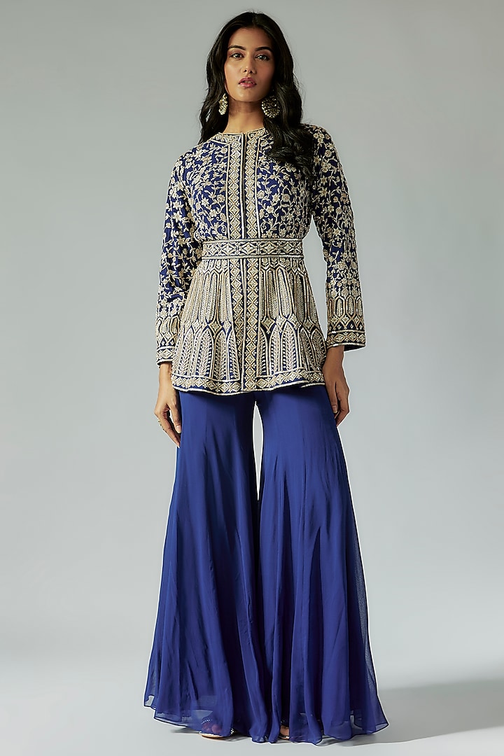 Navy Blue Georgette & Net Sharara Set by Maisolos