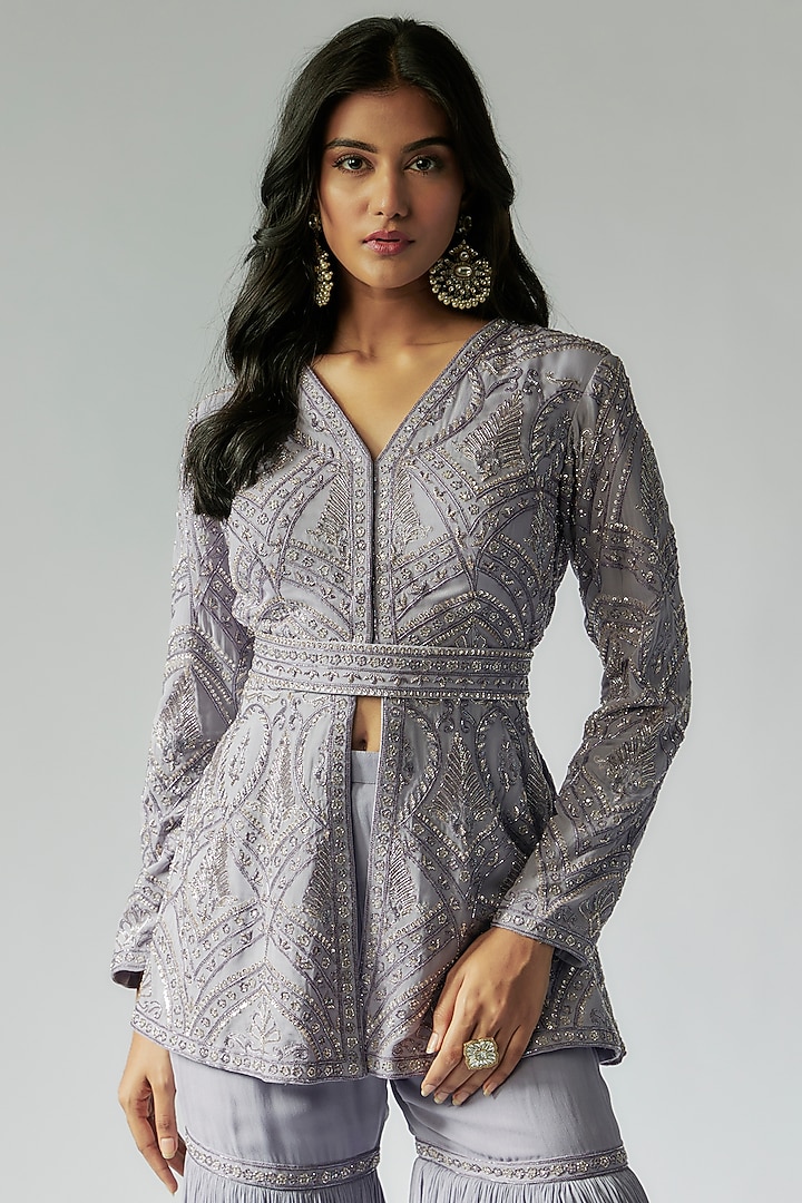 Lilac Georgette & Net Bridal Sharara Set by Maisolos at Pernia's Pop Up Shop