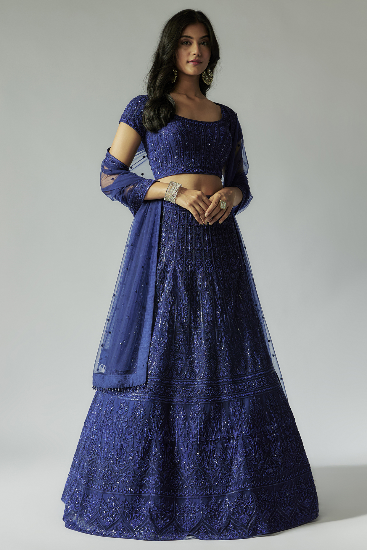 Navy Blue Net Hand Embroidered Bridal Lehenga Set by Maisolos at Pernia's Pop Up Shop