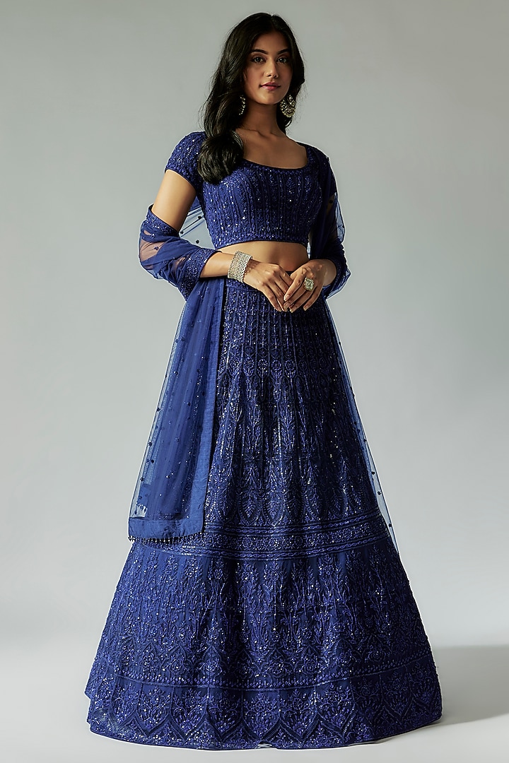 Navy Blue Net Hand Embroidered Bridal Lehenga Set by Maisolos at Pernia's Pop Up Shop