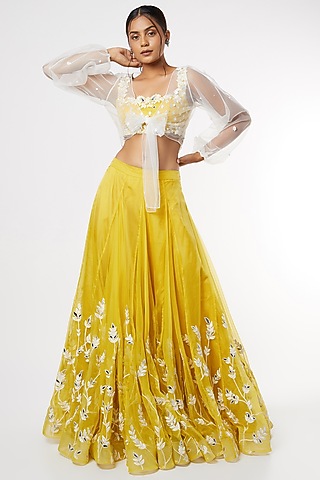 Yellow Resham Embroidered Lehenga Set by Maiti Shahani