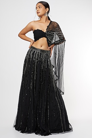Black Sequins Embroidered Lehenga Set by Maiti Shahani