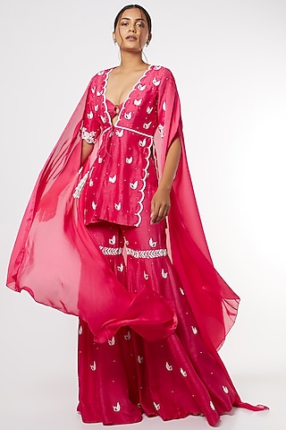 Fuchsia Embroidered Sharara Set by Maiti Shahani