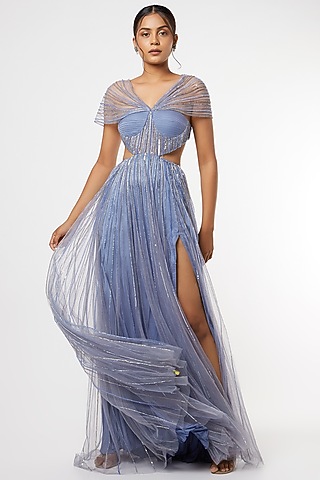 Sky Blue Sequins Embroidered Draped Gown by Maiti Shahani