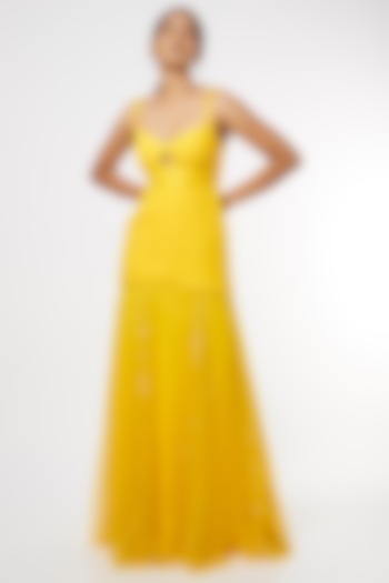 Yellow Sequins Embroidered Gown by Maiti Shahani