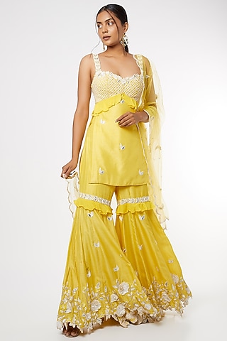 Yellow Resham Embroidered Sharara Set by Maiti Shahani
