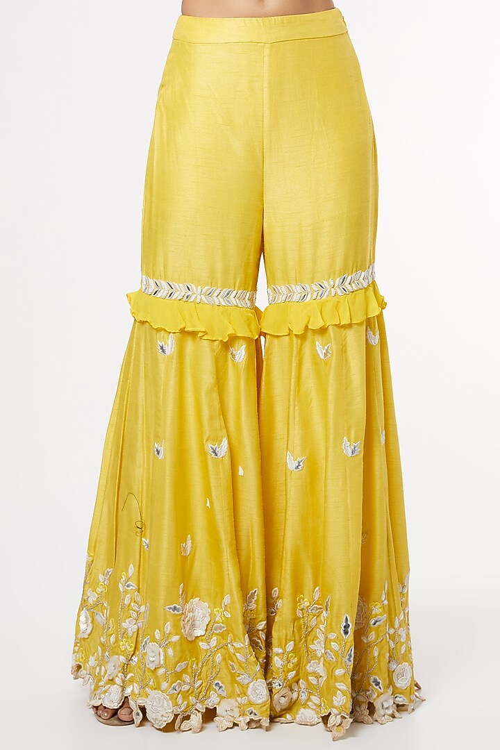 Yellow Resham Embroidered Wedding Sharara Set by Maiti Shahani at Pernia's Pop Up Shop
