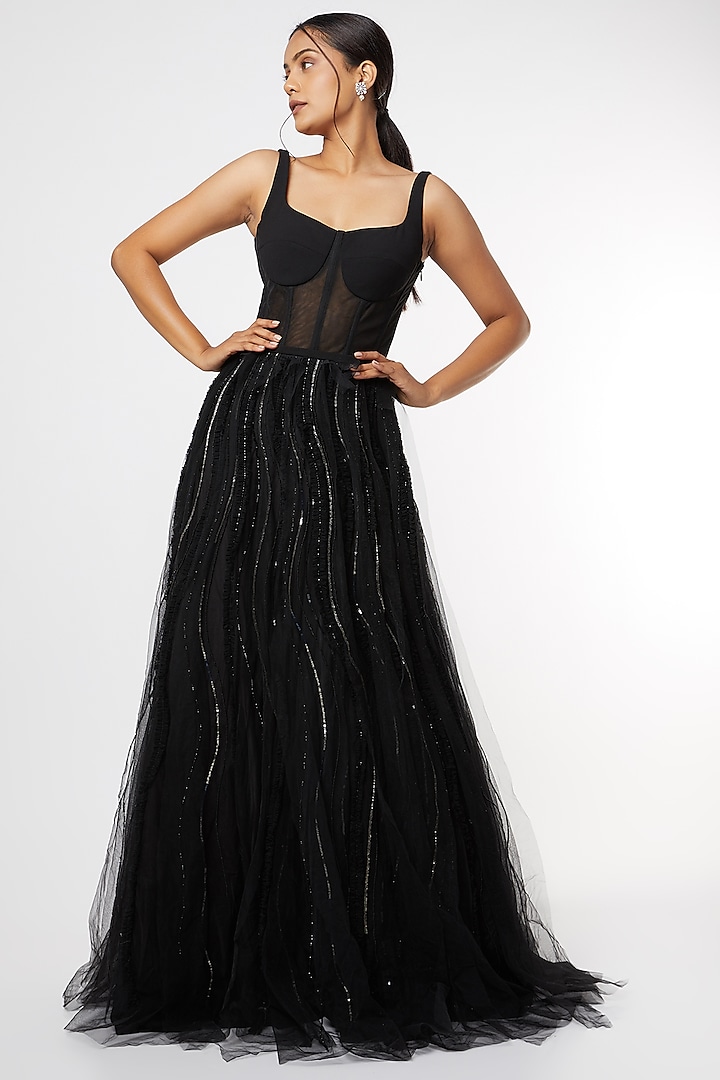 Black Sequins Embroidered Corset Gown by Maiti Shahani
