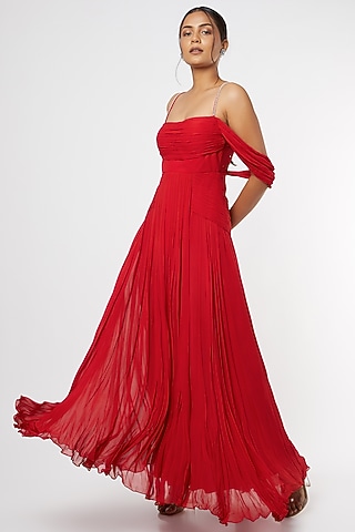 Red Pearl Embroidered Ruched Gown by Maiti Shahani