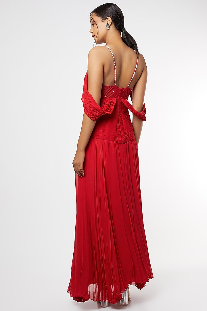 Red Pearl Embroidered Ruched Gown by Maiti Shahani at Pernia's Pop Up Shop