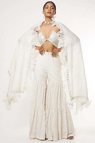 White Resham Embroidered Sharara Set by Maiti Shahani