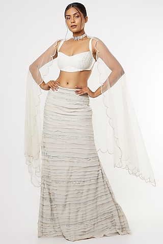 Grey Layered Lehenga Set by Maiti Shahani