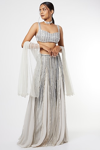 Grey Crystal Embroidered Lehenga Set by Maiti Shahani