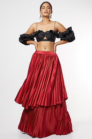 Red Satin Pleated Lehenga Set by Maiti Shahani