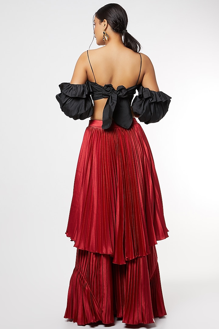 Red Satin Pleated Wedding Lehenga Set by Maiti Shahani at Pernia's Pop Up Shop