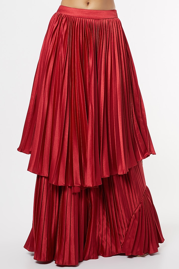 Red Satin Pleated Wedding Lehenga Set by Maiti Shahani at Pernia's Pop Up Shop